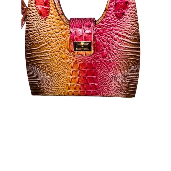 Croc Embossed Faux Leather Handbag Gradient Pink & Yellow Adjustable Strap - Picture 5 of 11